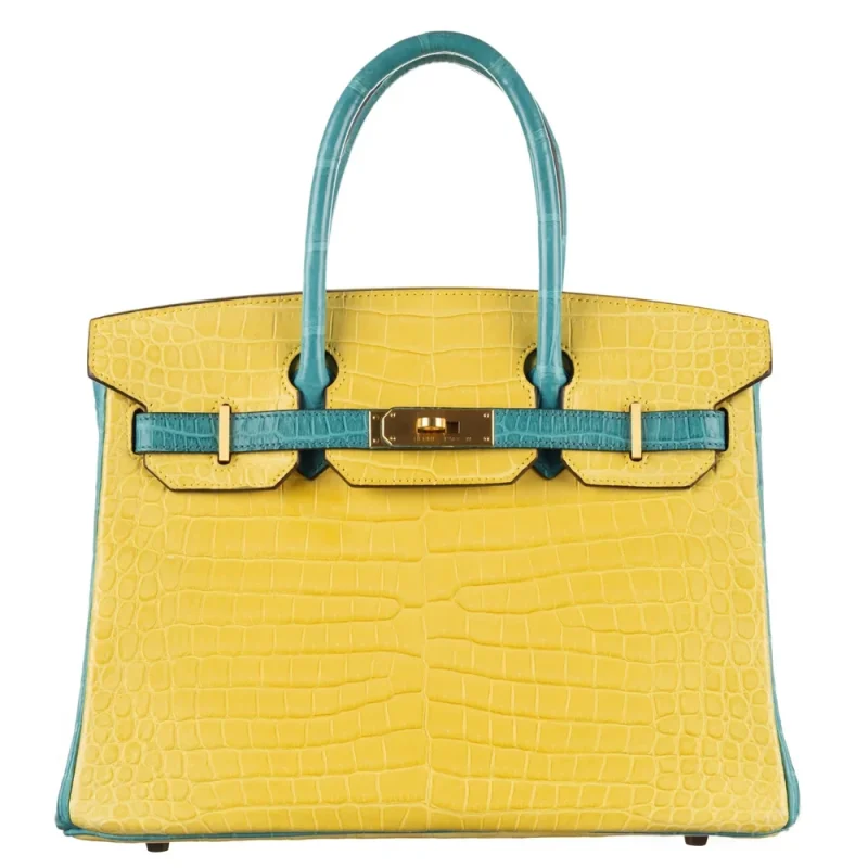 1:1 Hermès Replica – Birkin 30 HSS Mimosa/Bleu Paon Matte Porosus Crocodile Brushed Gold HW - Designer Inspired Luxury Bag