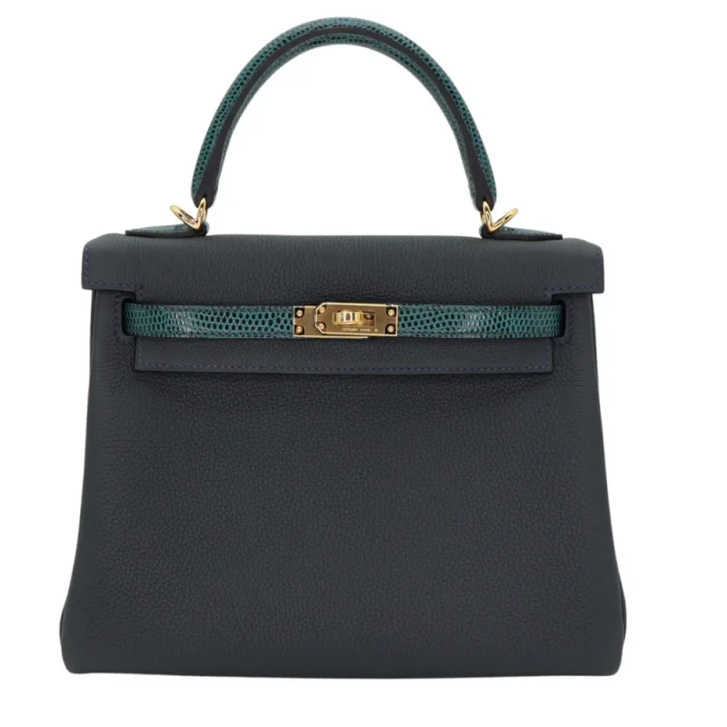 1:1 Hermès Replica – Kelly 25 Retourne Vert Rousseau Togo/ Lizard Gold HW - Designer Inspired Luxury Bag