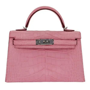 1:1 Hermès Replica - Mini Kelly II Bubblegum Matte Alligator Palladium HW