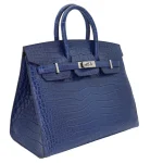 Artisan-Grade Hermès Dupes - Birkin 25 Sellier Indigo Aizome Matte Porosus Crocodile Palladium HW Side1