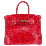 Artisan-Grade Hermès Dupes - Birkin 35 Braise Shiny Porosus Crocodile Palladium HW Front Artisan-Grade Hermès Dupes - Birkin 35 Braise Porosus Croc