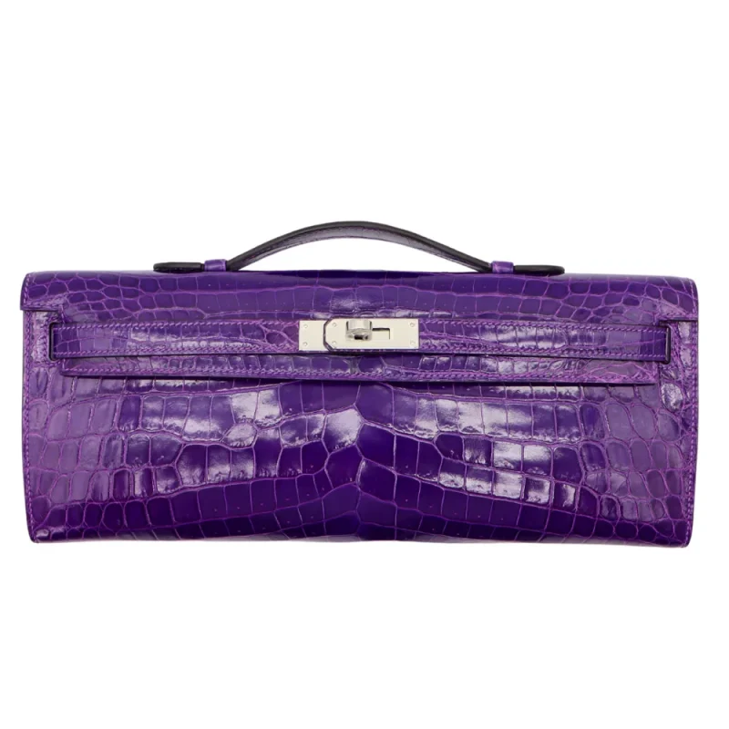 Artisan Grade Hermes Dupes Kelly Cut Ultraviolet Shiny Niloticus Crocodile Palladium HW Front