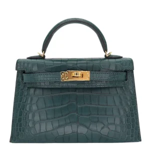 Artisan-Grade Hermès Dupes - Kelly II Sellier Mini Vert Cypress Matte Alligator Gold HW