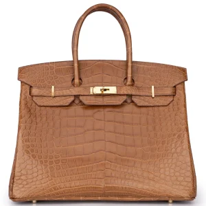 Hermès Birkin 35 Matte Alligator Gold/Alezan Gold HW - Premium Replica