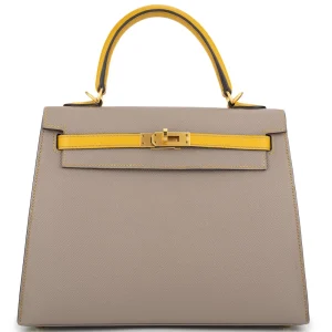 Hermès Kelly 25 HSS Epsom Gris Asphalte, Jaune Ambre Brushed Gold HW - Best Replica