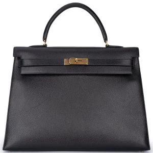 Hermès Kelly 35 Sellier Clemence Black Gold HW - Replica