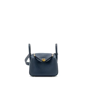 Hermès Mini Lindy Bleu De Prusse Clemence Gold HW Replica