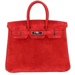 High-End Hermès Inspired - Birkin 25 Doblis Rouge Vif Suede Palladium HW