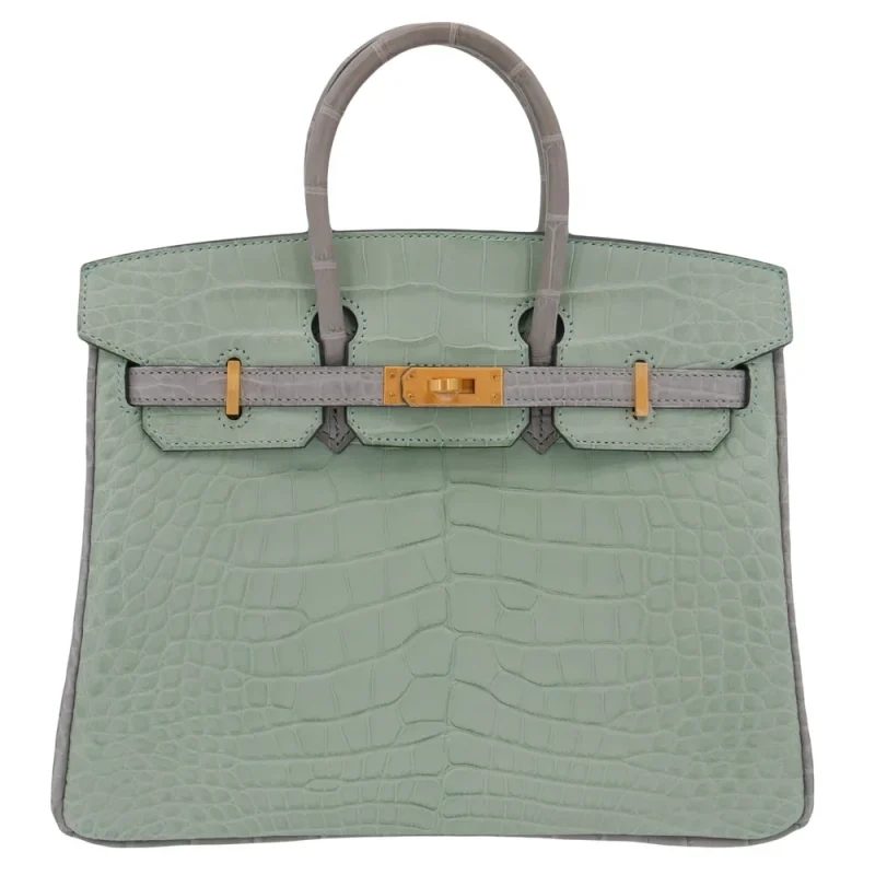 High-End Hermès Inspired - Birkin 25 HSS Vert D'eau/Gris Perle Matte Alligator Brushed Gold HW