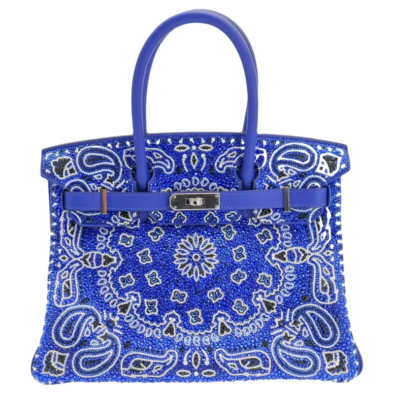 High-End Hermès Inspired - Birkin 30 Customized Blue Bandana Swarovski Crystal Palladium HW