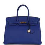 High-End Hermès Inspired - Birkin 35 Bleu Electrique Togo Gold HW Front High-End Hermès Inspired – Birkin 35 Bleu Electrique Togo
