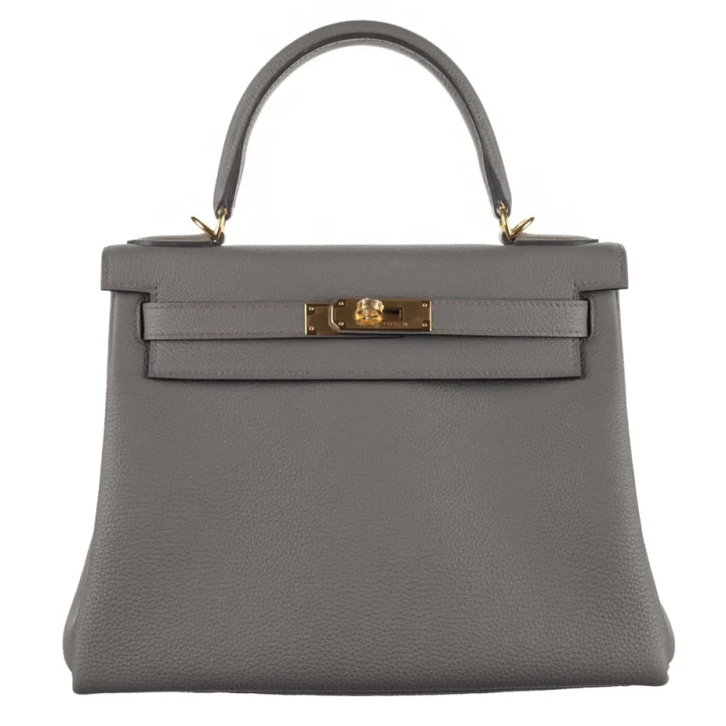 High-End Hermès Inspired - Kelly 28 Retourne Gris Etain Togo Gold HW