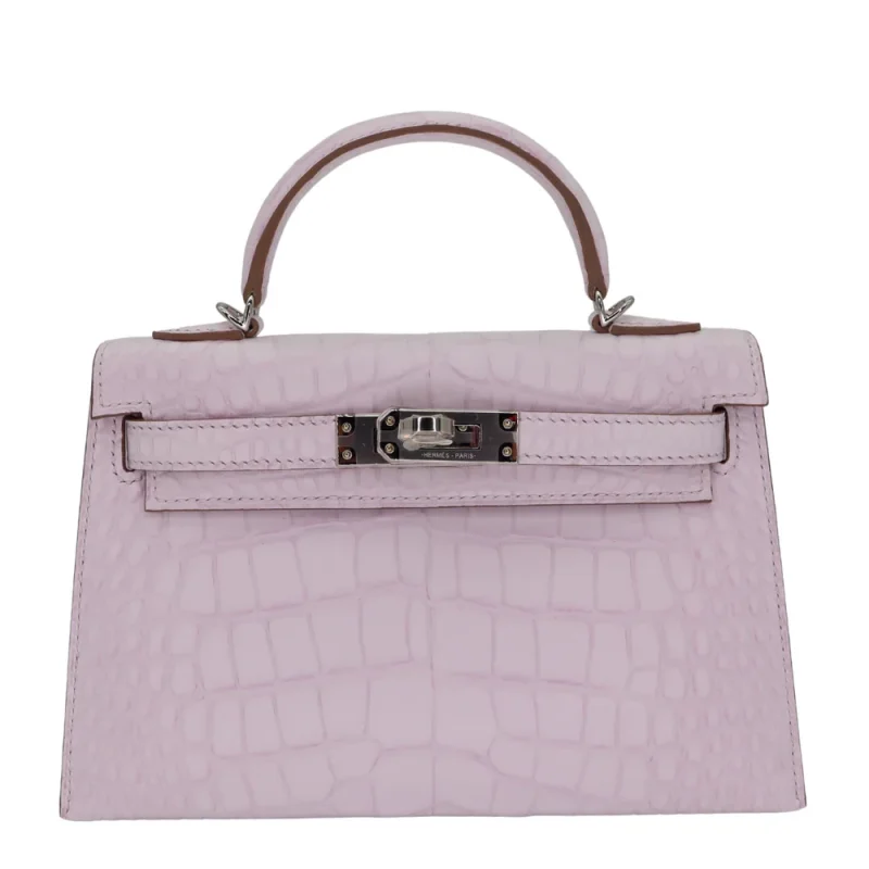 High-End Hermès Inspired - Kelly II Sellier Mini Mauve Pale Matte Alligator Palladium HW