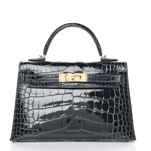 High-End Hermès Inspired - Kelly II Sellier Mini Vert Cypres Shiny Alligator Gold HW