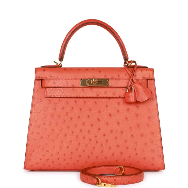 Mirror Quality Hermès Replicas - Kelly 28 Sellier Tangerine Ostrich Gold HW