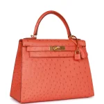 Mirror Quality Hermès Replicas - Kelly 28 Sellier Tangerine Ostrich Gold HW Side1