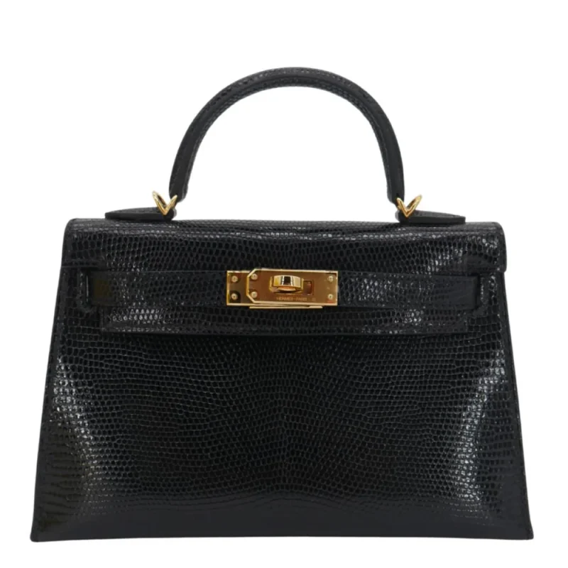 Mirror Quality Hermès Replicas - Kelly II Sellier Mini Black Shiny Lizard Gold HW