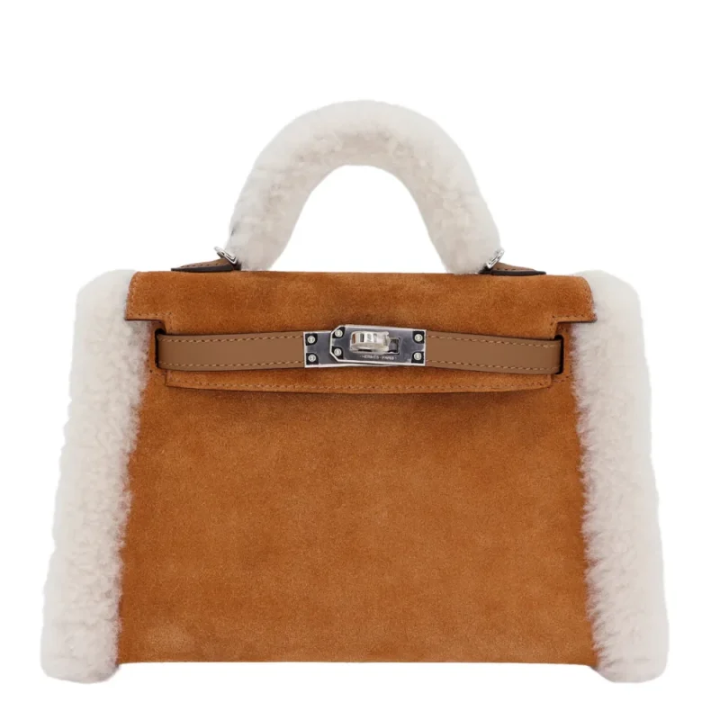 Mirror Quality Hermès Replicas - Kelly Mini Teddy Plush Shearling Chamois/Ecru/Alezan Palladium HW