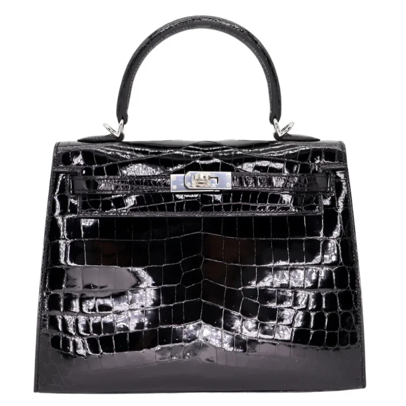 Premium Hermès Replica – Kelly 25 Sellier Black Shiny Niloticus Crocodile Palladium HW - Premium Alternative Bag