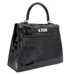 Premium Hermès Replica - Kelly 25 Sellier Black Shiny Niloticus Crocodile Palladium HW Side