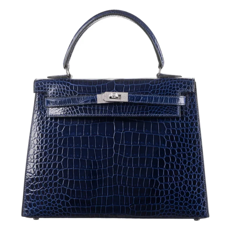 Premium Hermès Replica – Kelly 25 Sellier Bleu Indigo Shiny Niloticus Crocodile Diamond HW - Premium Alternative